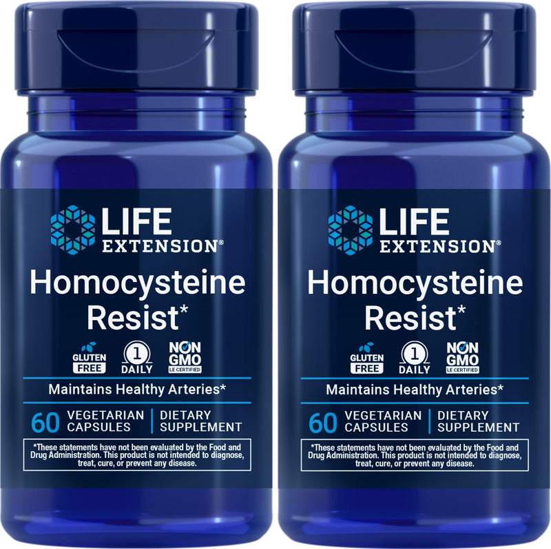 Life Extension Homocysteine Resist, 60 Vegetarian Capsules (Pack of 2) Vitamin B2, B6 & B12 + Folate - Once-Daily, Non-GMO, Gluten-Free 60 Count (Pack of 2)