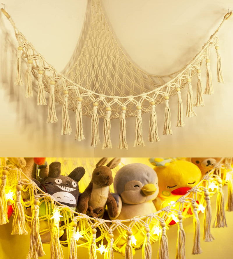 [Australia] - Stuffed Animal Toy Storage Hammock with LED Light - Macrame Jumbo Doll Corner Stuff Animals Organizer Decorations - Cute Hanging Plushie Net Kids Baby Nursery Bedroom Room Decor Beige L (39.5"*39.5"*48") 