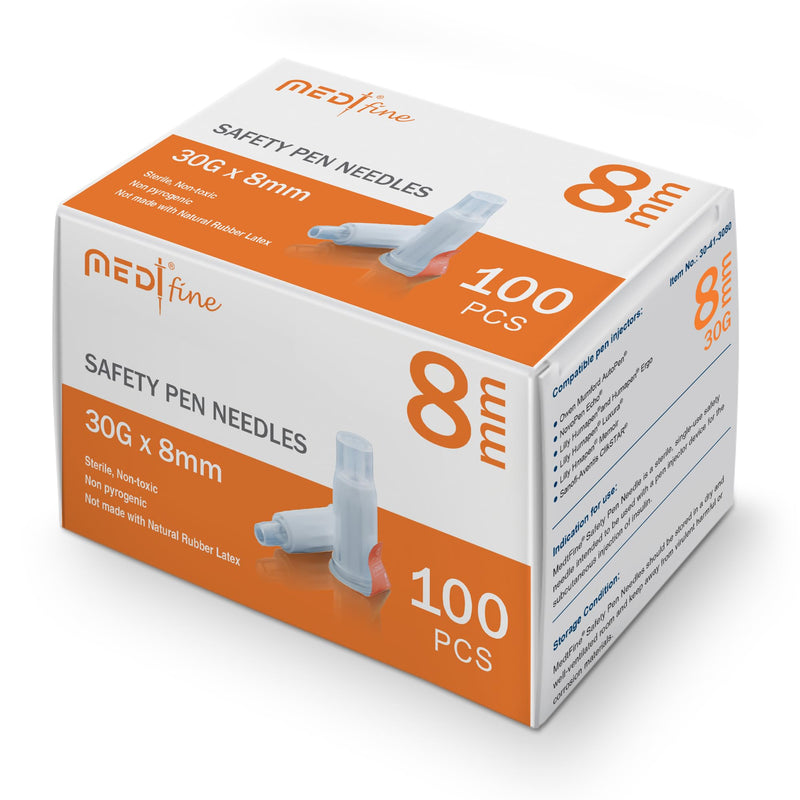 [Australia] - Fine Safety Pen Needles (30G 8mm) - Diabetic Needles for Insulin Injections, Ultra Fine Compatible with Most Diabetes Pens, Gamma Sterilized - 100 Ct, Pack of 1 Old Box - 100 Count (Pack of 1) Orange - 30 Gauge 8mm 