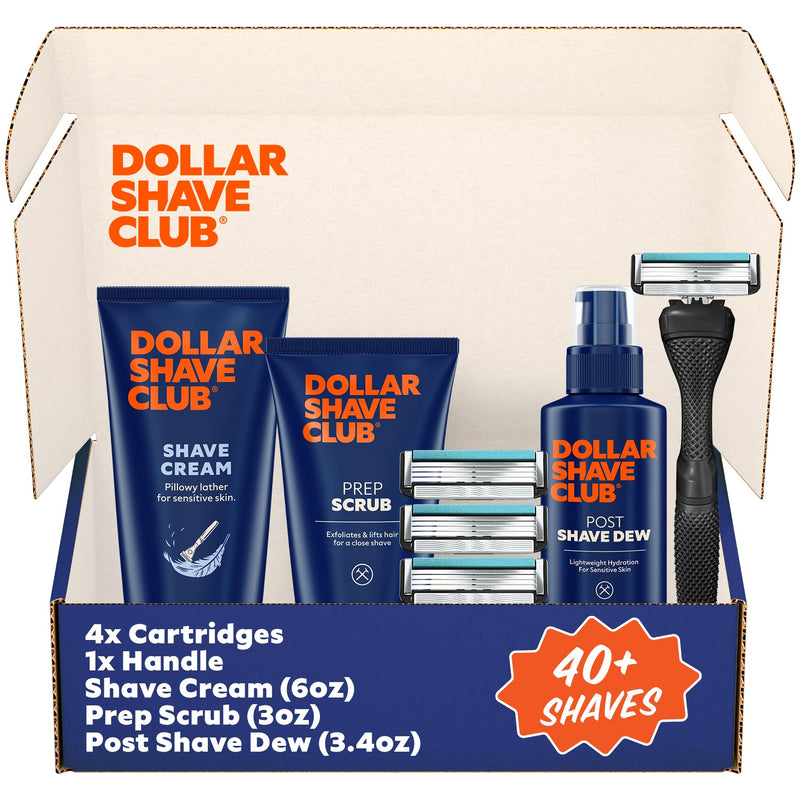 [Australia] - Dollar Shave Club Ultimate Set | 4 Swift Rinse Refill Cartridges, 1 Handle, 1 Prep Scrub 3 oz, 1 Shave Cream 6 oz, 1 Post Shave Dew 3.4 oz 5 Count (Pack of 1) Silver 