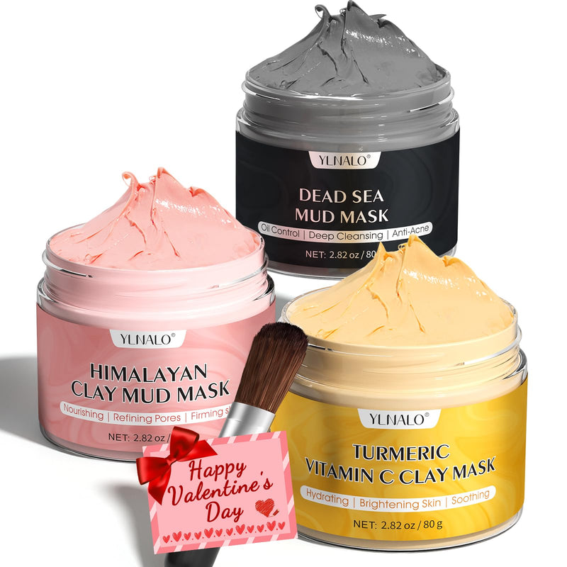 YLNALO Easter Gifts 3 Pcs Clay Facial Mask Set - Turmeric Vitamin C, Dead Sea and Himalayan Clay Skin Care Mask for Deep Cleansing, Moisturizing, and Refining Pores, Spa Facial Mask Set