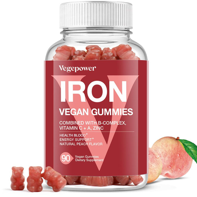 Vegan Iron Gummies Supplement for Adults & Kids, Peach, 90 Ct | with Vitamin C, A, B-Complex, Folate, Zinc - Healthy Blood & Energy Support for Iron Deficiency, Anemia, No Gelatin, Non-GMO 90 Count (Pack of 1)