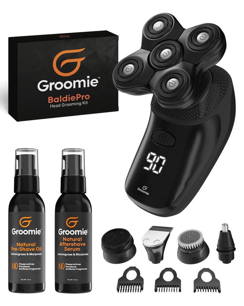 [Australia] - GROOMIE No Hair, Don't Care Bundle - 5D BaldiePro Electric Head Shavers for Bald Men, Natural Pre-Shave Oil to Promote Close Shave, & Natural Aftershave Serum - Mens Head Shaver Kit w/Electric Razor 10PC Shaver Set 