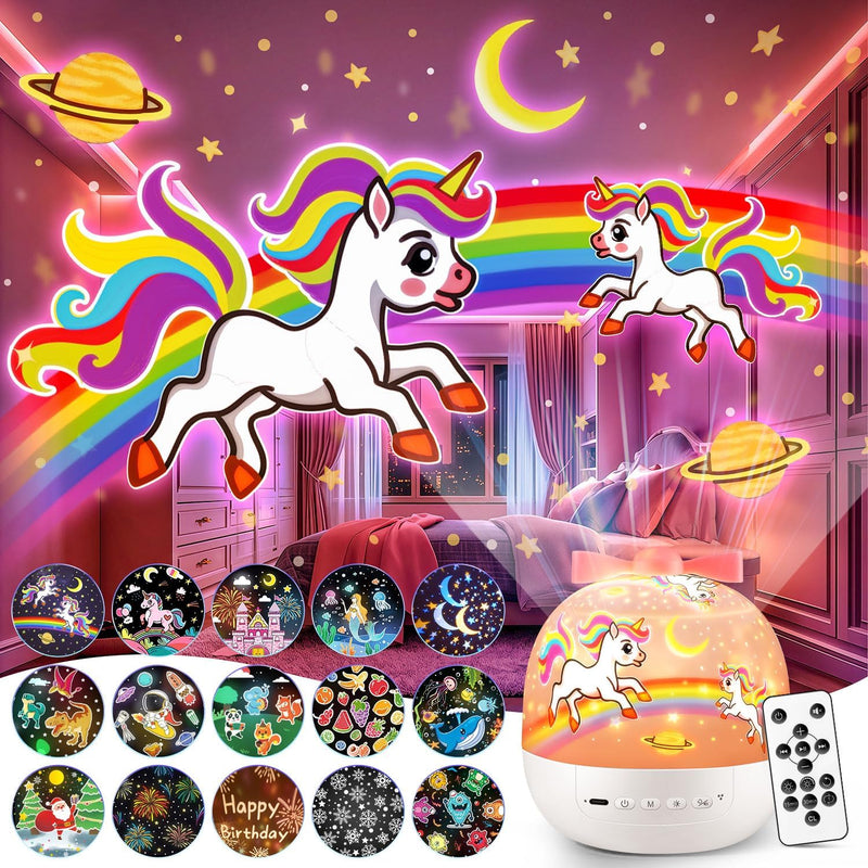 [Australia] - Night Light for Kids+15 Films+White Noises, 105 Lighting Kids Night Light Projector, Remote Dimmable Light Projector for Bedroom, Rechargeable Toddler Night Light,Kawaii Unicorn Gifts for Girls 