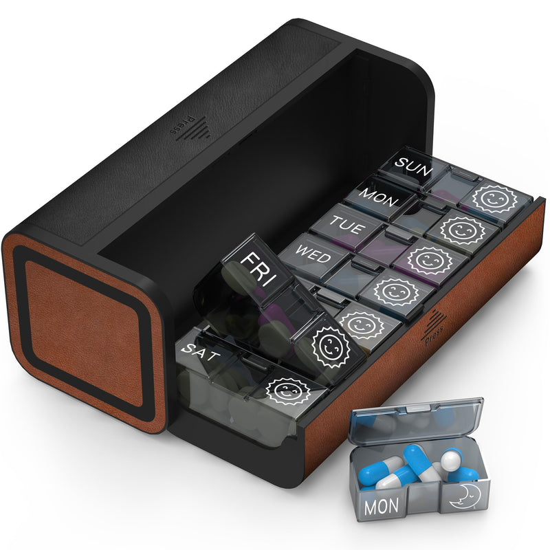 Pill Organizer Weekly, 2 Times a Day for 7-Day Leather Medicine Box Travel Container Vitamin Am Pm Pill Case, Twice Daily Privacy Pill Holder, Modern and Portable Pillbox (Black and Brown) Black and Brown