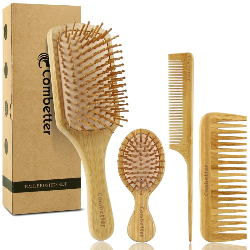 100% Bamboo Hair Brushes and Comb Set by Combetter, Comb for Women and Detangling, Great on All Hair, Eco-Friendly and Handmade for Women Men and Kids Square 4pcs