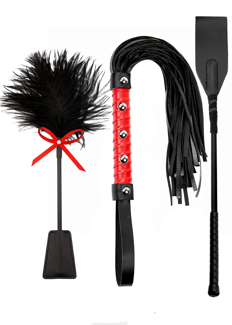 [Australia] - Whip Crop Feather Adult Sex Set, Sex BDSM Whip, Sex French Tickler, Faux Leather Whip Flogger, Feather Tickler BDSM Paddle Sex Set 