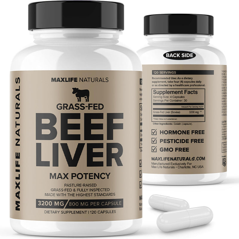 MaxLife Naturals Grass Fed Beef Liver Capsules 3200mg 120 Count | Supports Daily Wellness, Rich Vitamin A B12, Natural Iron Source, Desiccated Organ Nutrition, Non-GMO Supplement
