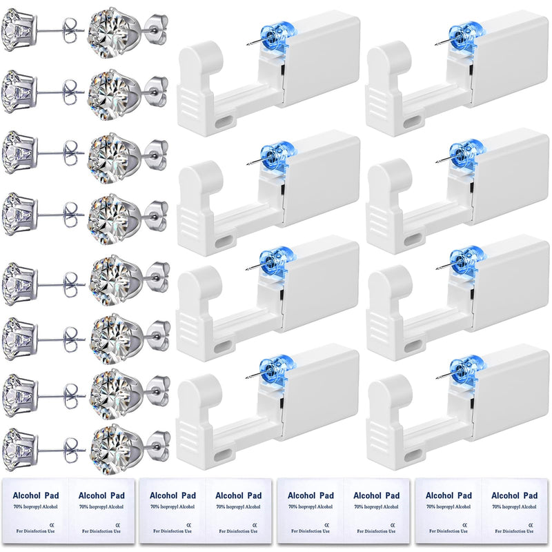 [Australia] - 24 Pcs Ear Piercing Kit Disposable Ear Piercing Gun Kit with 8Pcs Self Piercing Gun and 8Pcs Earrings Stud 8Pcs Alcohol Pads Silver 