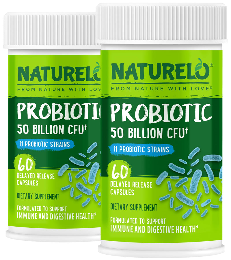 NATURELO Probiotics for Digestive Health, 50 Billion CFU 60 Capsules 2 Pack | 11 Strains, Daily Use Supplement, Delayed Release, No-Fridge, Boosts Immune System, Probiotics for Women & Men Unflavored 60 Count (Pack of 2)