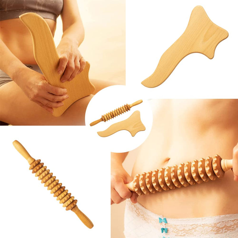 [Australia] - Wood Massage Tools - 2 in 1 Wooden Lymphatic Massager Straight Roller Stick and Gua Sha Paddle Set - Massage Kit for Lymphatic Drainage, Body Sculpting, Muscle Shaping, Maderoterapia Roller & Paddle 