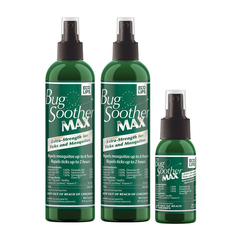 [Australia] - Bug Soother MAX - Extra Strength Natural Gnat, Tick, and Mosquito Repellent, 2 Pack 8 fl oz w/Free 1 oz. DEET-Free Bug Spray Deterrent - Safe for Adults & Environment - Made in USA 8 Fl Oz (Pack of 2) 