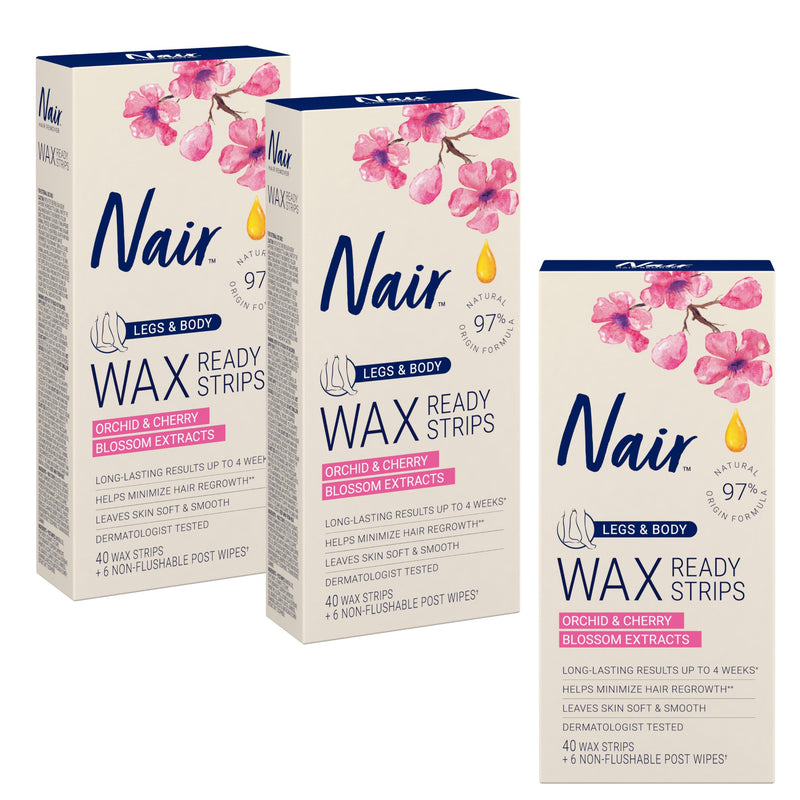 [Australia] - Nair Hair Remover Wax Ready Strips for Legs & Body, No Mess Waxing Kit for Hair Removal, 3-pack Wax Strips, 40ct Each Wax Kit 40 Count (Pack of 3) 