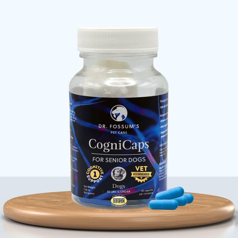 Dr. Fossum's CogniCaps Dog Cognitive Supplement – Multivitamin for Dogs Brain Health with SAM-e, Coenzyme Q10, Polygala, Curcumin – Senior Dog Supplements for Cognitive Support 30 lbs & under - PawsPlanet Australia