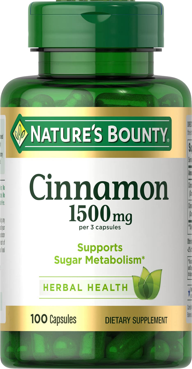 [Australia] - Nature's Bounty Cinnamon Capsules, Herbal Supplement, Supports Sugar Metabolism, 1500mg, 100 Capsules 100 Count (Pack of 1) 