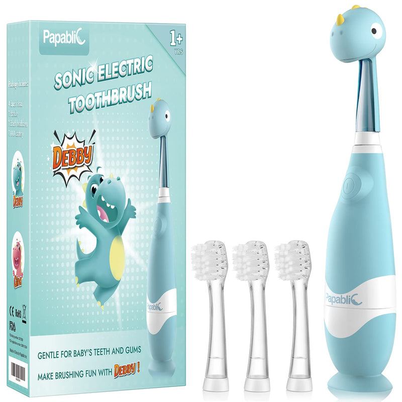 [Australia] - Papablic Toddler Sonic Electric Toothbrush for Ages 1-3 Years, Baby Electric Toothbrush with Cute Dino Cover and Smart LED Timer, 4 Brush Heads (Debby) 4 Brush Heads Debby 