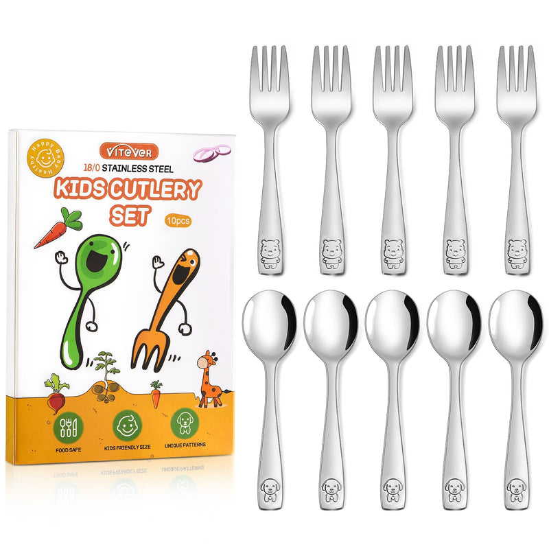 [Australia] - VITEVER 10-Piece Toddler Utensils, Kids Stainless Steel Silverware Set, Children Safe Forks and Spoons - Mirror Polished, Dishwasher Safe 