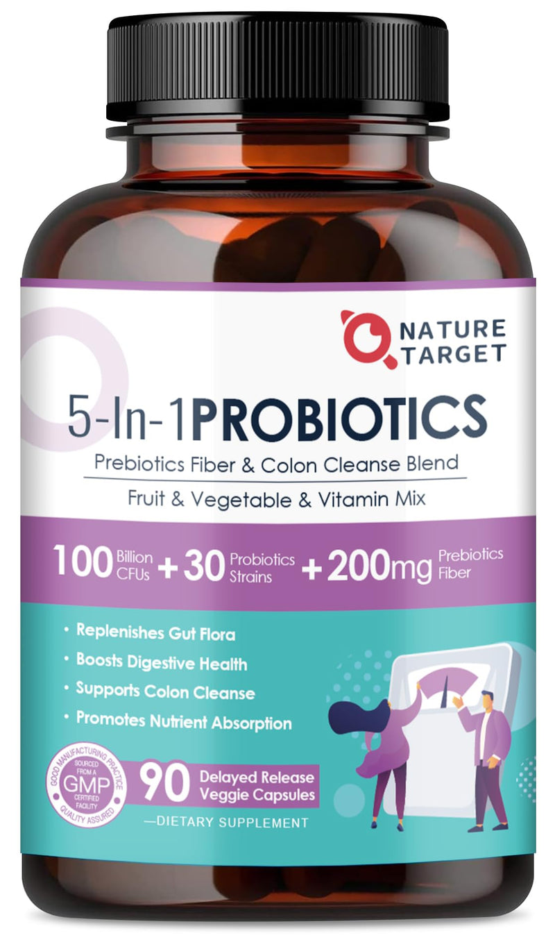 [Australia] - NATURE TARGET Probiotics for Women-Men-Kids Digestive Health, Prebiotics and Probiotics for Women, 100 Billion for Gut and Immune Health, No Refrigeration, 90 Veggie Capsules (45 Days Supply) 