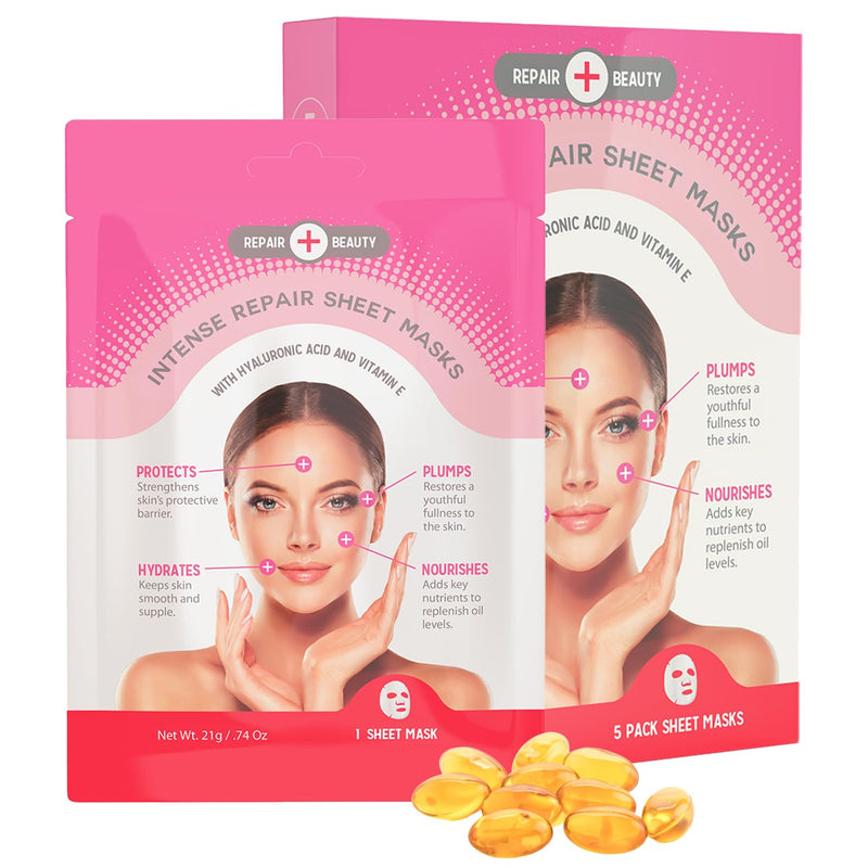 Hyaluronic Acid & Vitamin E Sheet Face Mask - Plumps & Moisturizes Skin, Reduces Wrinkles & Fine Lines, Hydrating Sheet Mask - Cruelty Free Korean Skin Care For All Skin Types - 5 Masks