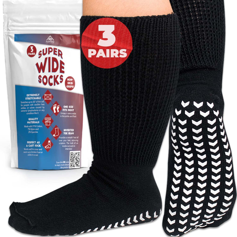 [Australia] - FORTIVO 3 Pairs Extra Wide Socks for Swollen Feet, Diabetic Socks for Men, Non Slip Socks, Diabetic Socks, Hospital Socks Black 