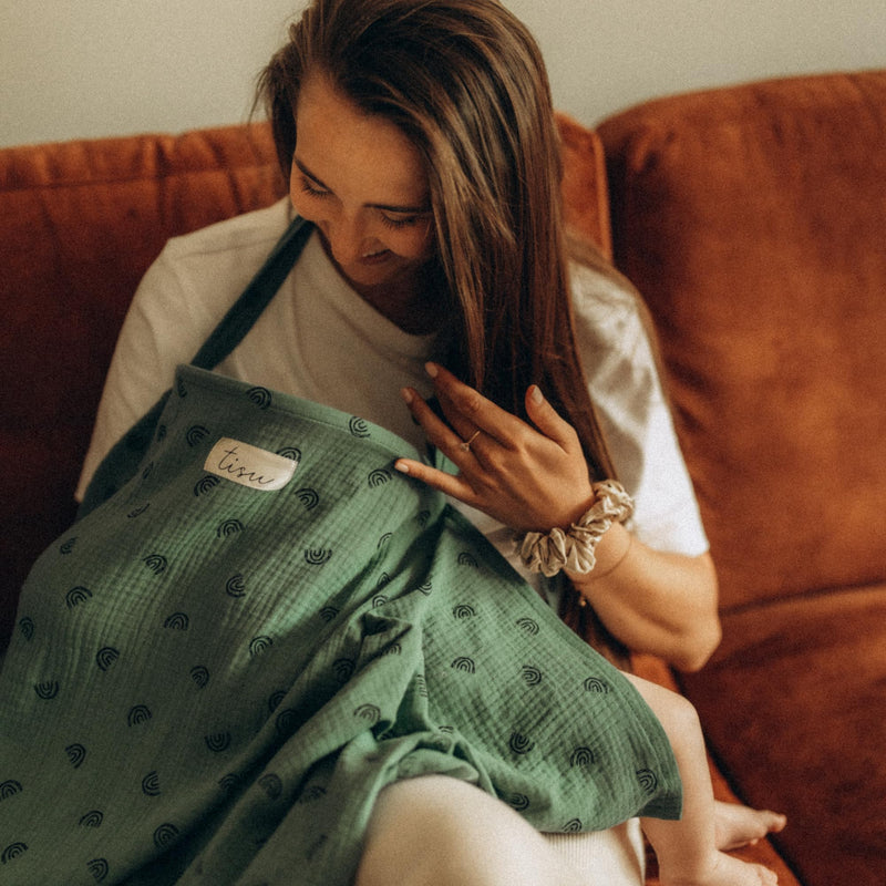 [Australia] - Nursing Cover for Baby Breastfeeding & Pumping | Multi Use Car Seat Stroller Cover | Breathable Soft Muslin Cotton | Breast Feeding Apron & Shawl by TISU (Dusty Green Rainbow) Dusty Green Rainbow 