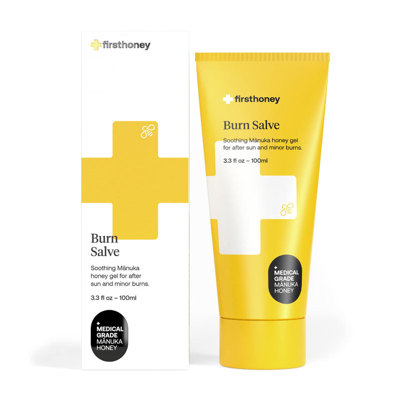 [Australia] - FIRST HONEY® Burn Salve | Aloe Vera Burn Gel With Medical Grade Manuka Honey | Natural Remedy For Sunburn & Minor Burns | Fortified with Allantoin & Vitamin E | 3.3 fl oz (100mL) 
