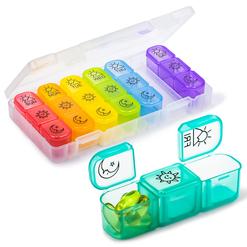 Large 7 Day Pill Organizer Weekly, Chrxbei Daily Medicine Container 3-Times-a-Day, Medication Holder for Vitamins, Fish Oils, Supplement, Deep Pills Planer for Elderly and Family - Morning Noon Night Rainbow 3 Times a Day