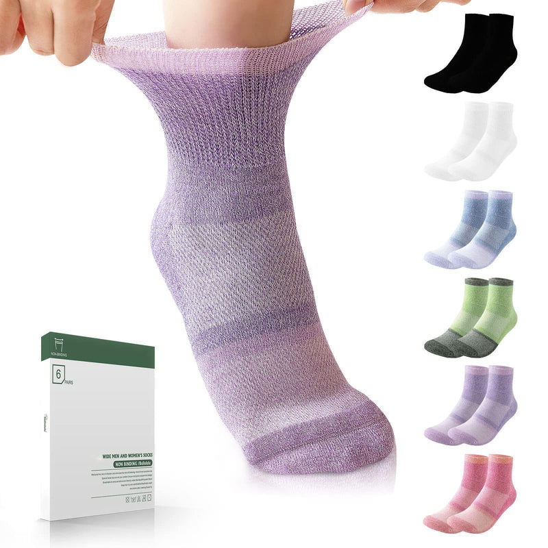 [Australia] - Bulinlulu Diabetic Socks for Women&Men,6 Pairs Non Binding Diabetic Ankle Socks,Wide Socks with Seamless Toe Size 6-9 9-11 Medium Pale Purple/Purple/Green/Orange Red/Black/White 
