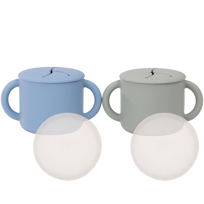 [Australia] - WeeSprout Snack Containers, Food Grade Silicone Cups, Spill-Proof Tops For Toddlers and Babies, Premium Hard Plastic Travel Lids, Dishwasher Safe, Set of 2 Snack Catchers Matte Blue, Matte Green 