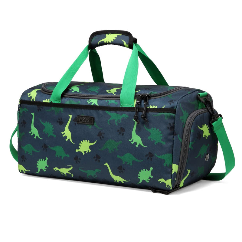 Kids Duffle Bag,VASCHY Travel Bag for Toddler Children Boys Water Resistant Overnight Duffel Ballet Dance Sport Carry On Weekender Bag with Shoes Compartment Dry Wet Pocket Green Dinosaur