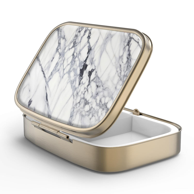 Pill Case Pill Box with Mirror Retro 2 Compartment Small Pill Case for Purse or Pocket Bronze Rectangular Pill Box or Vitamins, Fish Oil, Supplements, Pill Containe Travel Gifts（White Marble） 1 piece F-22-white Marble