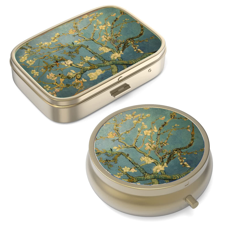 Pill Case Pill Box with Mirror Retro Small Pill Case for Purse or Pocket Bronze Pill Box or Vitamins, Fish Oil, Supplements, Pill Containe Travel Gifts（2PCS） 2 pieces Vangogh Art