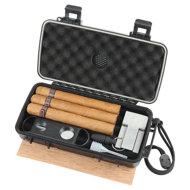 [Australia] - Travel Humidor Box With Cigar Accessories - Spanish Cedar, Humidifier, Cutter, Stand, Punch - Holds 4-5 Cigars - Waterproof, Crushproof, Airtight Seal Store 4-5 cigars 