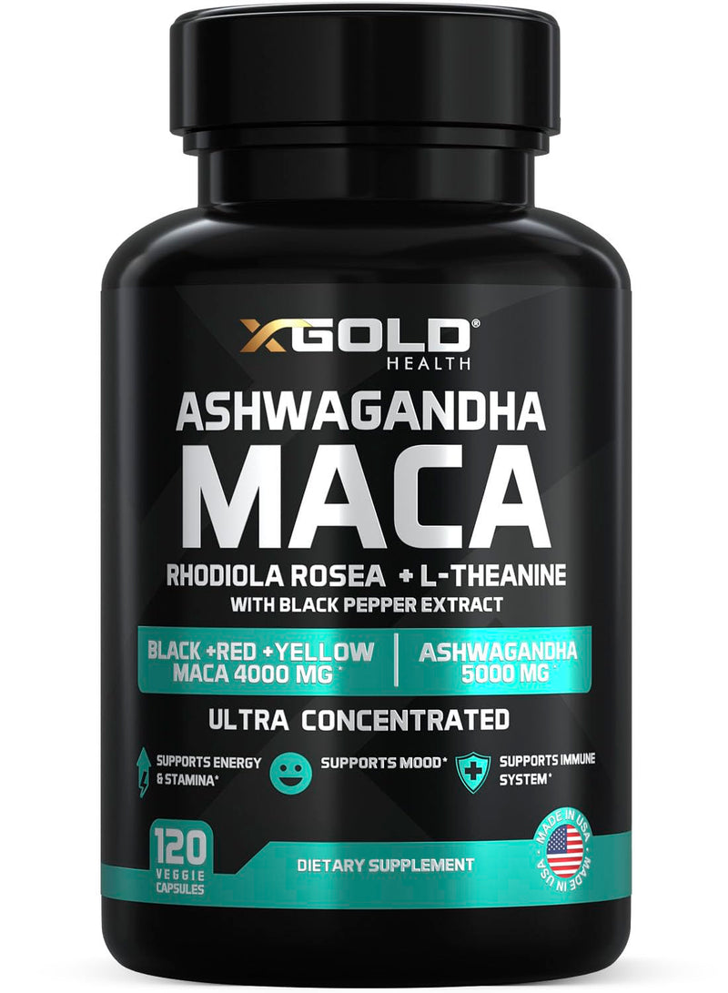 [Australia] - Ashwagandha 5,000mg + Maca Root Black, Red, Yellow 4,000mg, Rhodiola & L-Theanine: 30:1 Extract Ashwagandha Capsules, 20:1 Extract Maca Root Capsules - Supplement for Men and Women 