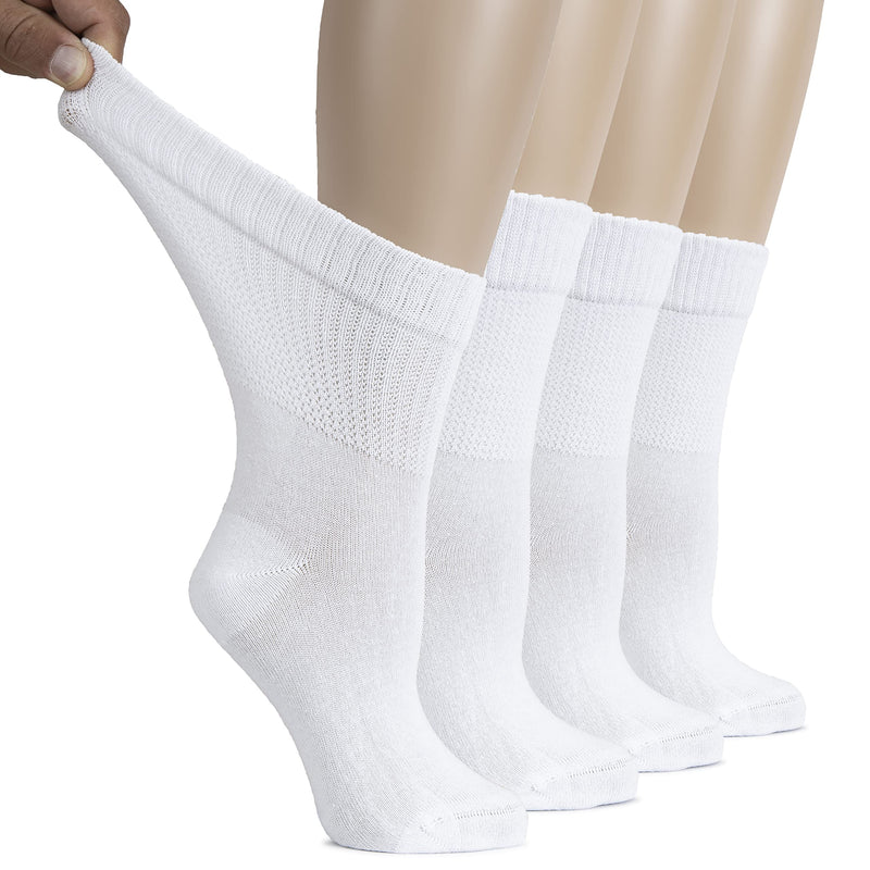 [Australia] - Hugh Ugoli Women's Cotton Diabetic Crew Socks, Wide, Thin, Loose Fit and Stretchy, Seamless Toe & Non-Binding Top, 4 Pairs 9-12 White (4 Pairs) 