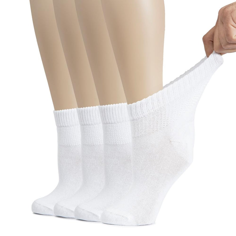 [Australia] - Hugh Ugoli Women's Cotton Diabetic Ankle Socks, Wide, Thin, Loose Fit and Stretchy, Seamless Toe, Non Binding Top, 4-8 Pairs 6-9 05- White (4 Pairs) 