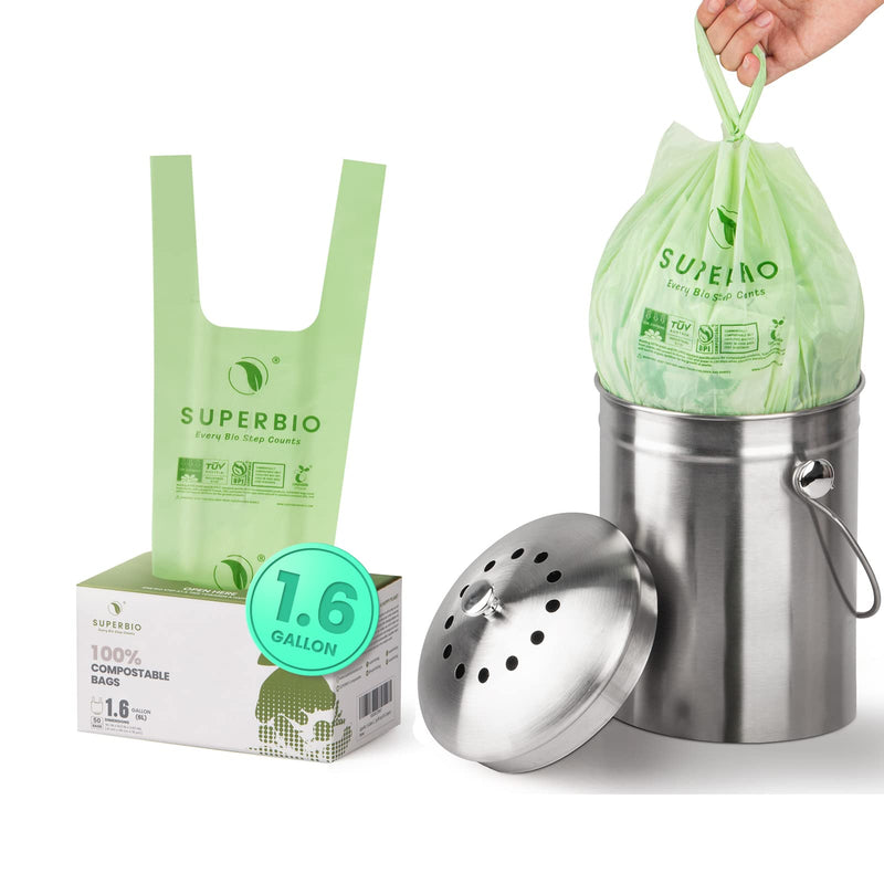 [Australia] - SUPERBIO 1.6 Gallon Compostable Handle Tie Food Waste Bags, 50 Count, 6 Liter, Small Bags for Countertop Bin US BPI & Europe OK Compost Home Certified 1.6 Gallon, 50 Count 