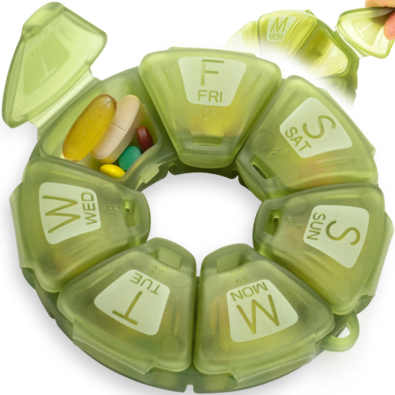 Round Weekly Pill Organizer, Soft-Touch Silicone, Cute Travel Pill Case | with 7 Large Compartments, Pill Cases Organizers 7 Day with Large Letters and Braille for Vitamins & Supplements (Olive) Olive