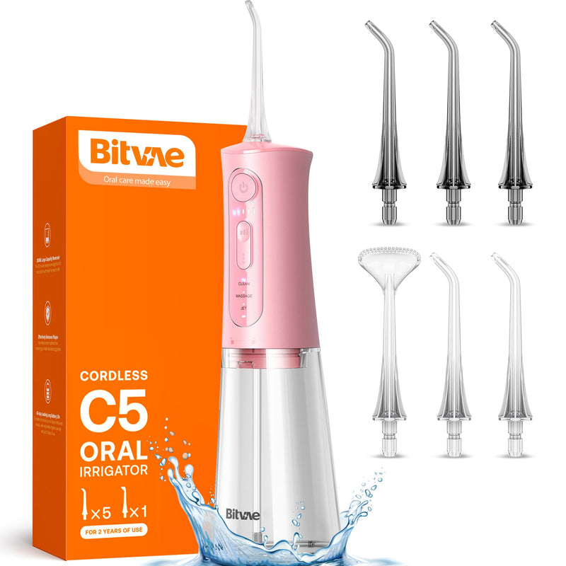 [Australia] - Bitvae C5 Water Flosser Teeth Picks, Cordless Portable Oral Irrigator, Powerful and Rechargeable Water Flosser for Teeth, Brace Care, IPX7 Waterproof Water Dental Picks for Cleaning, Quartz Pink 
