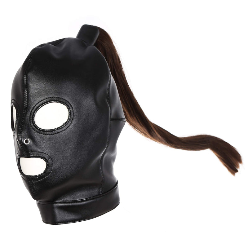 [Australia] - PU Leather Bondage Mask Hood SM Sex Toy with Removable Wig, Unisex Adult Eyes Mouth Open Black Restraint Headgear Mask Hood Breathable Blindfold Face Cover Blindfold Cosplay 