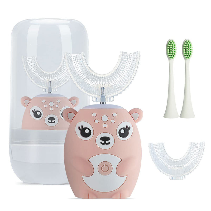 [Australia] - Kids Electric Toothbrushs U Shaped sonic Automatic Toothbrush with 4 Brush Heads, Six Cleaning Modes,Cartoon deer Modeling , full mouth toothbrush for baby Pink 7-14 Years 