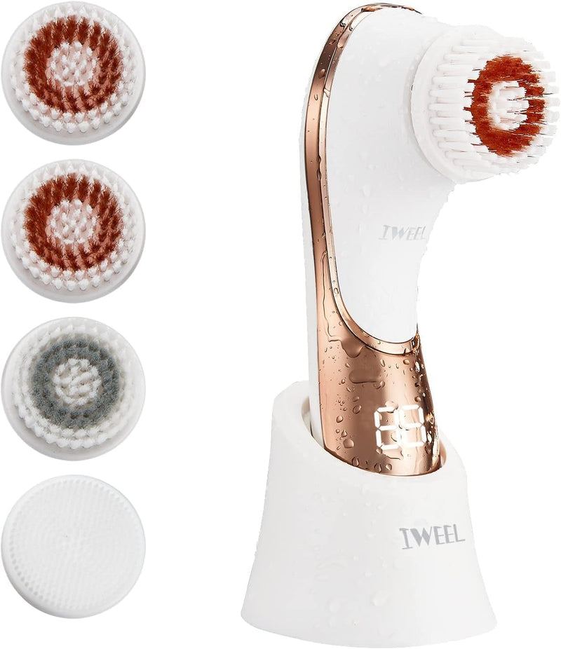 Electric Face Brush Scrubber Rechargeable Facial Exfoliator IPX-7 Waterproof Spin Cleanser Rotating Spa Machine for Exfoliating, Massaging and Deep Cleansing with 4 Brush Heads White & Rose Gold