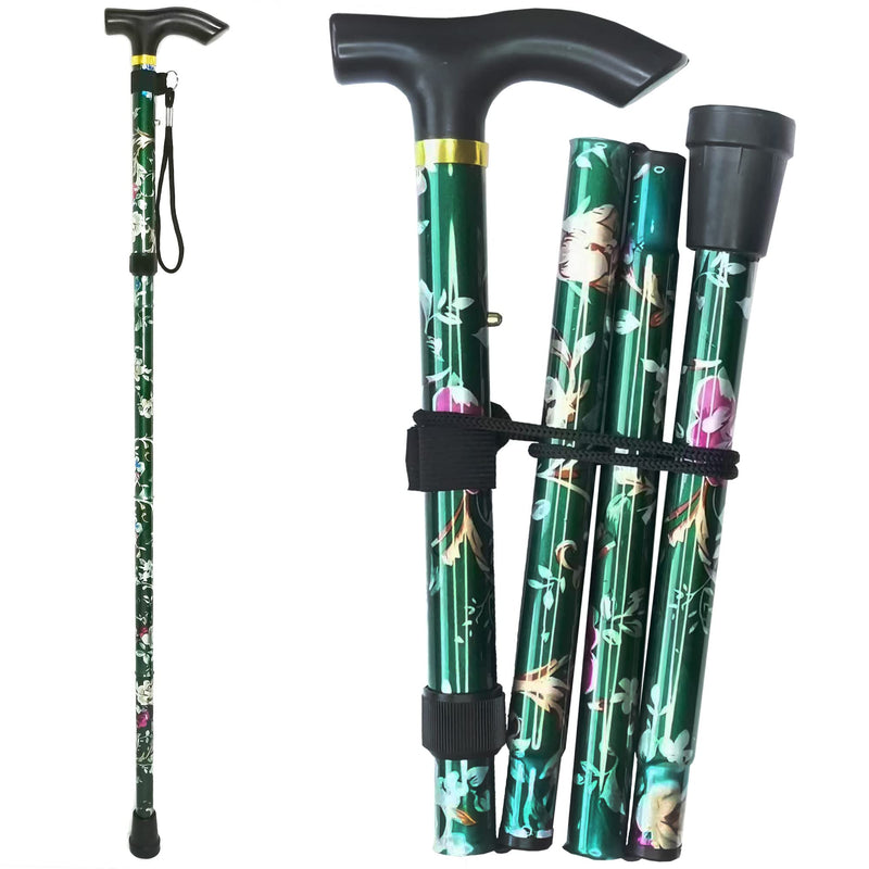 [Australia] - Folding Cane, 5-Level Adjustable Height Lightweight Portable Foldable Walking Canes with Wrist Strap and T Handle for Men Women Seniors Floral Green 