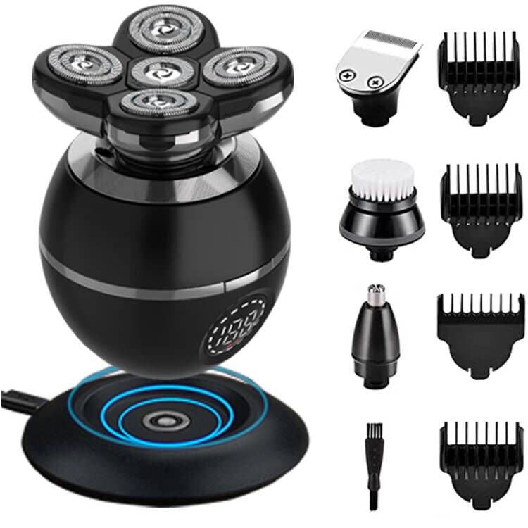 [Australia] - Upgrade 5-in-1 Electric Head Shaver for Men, LED Display, Multifunctional Cordless IPX7 Waterproof Rotary Grooming Kit 5 Heads 