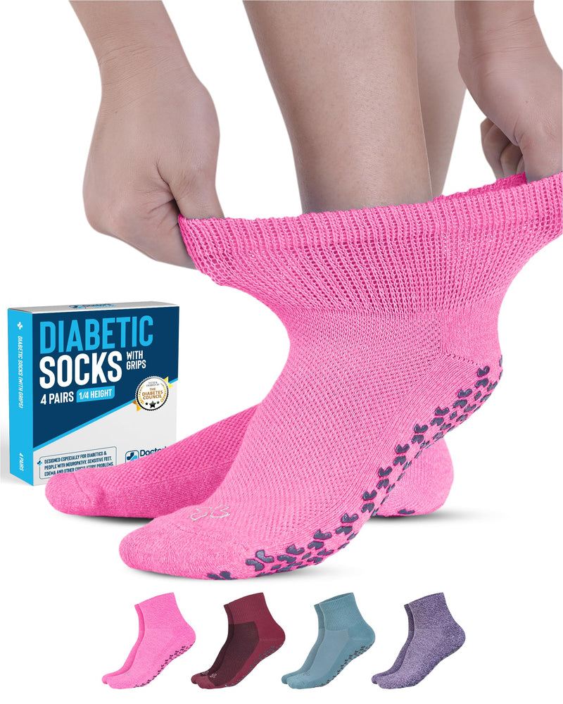 [Australia] - Doctor's Select Diabetic Ankle Socks with Grippers for Men and Women - 4 Pair 1/4 Length Neuropathy Socks for Women Large Pink, Green, Red, Purple 