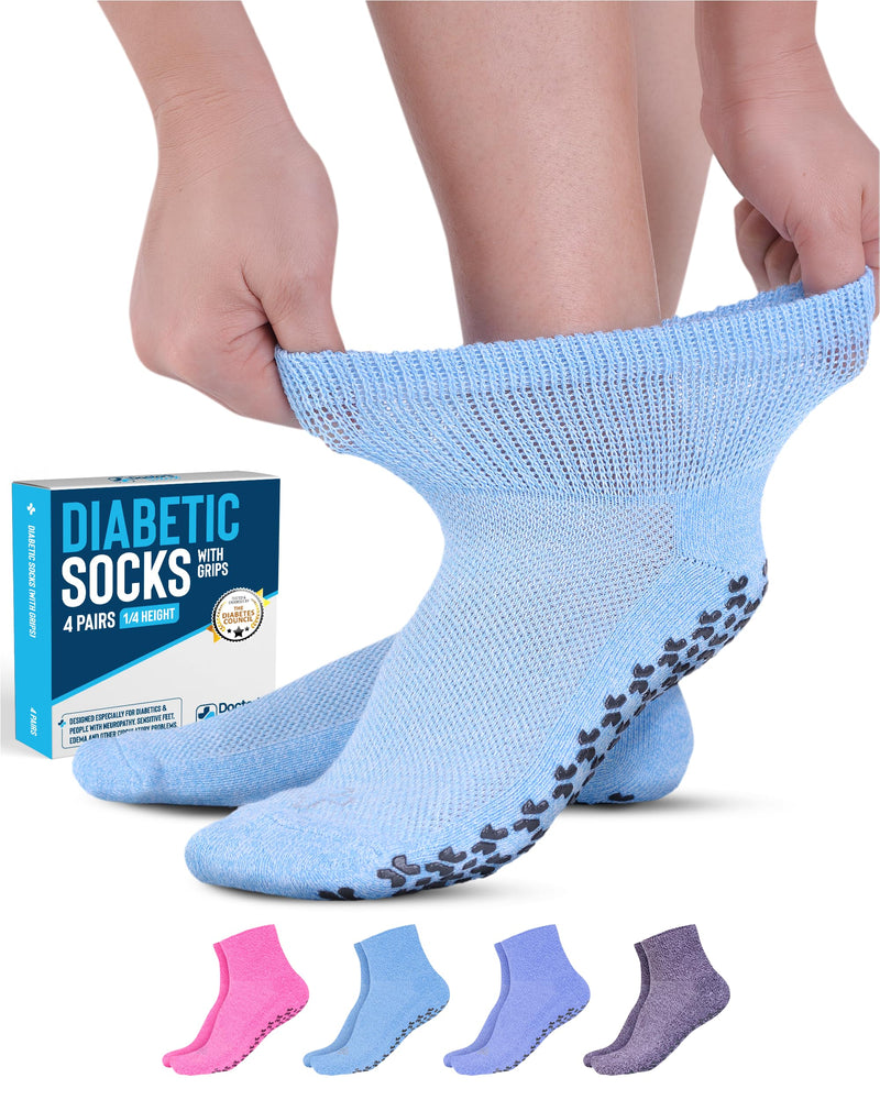 [Australia] - Doctor's Select Diabetic Ankle Socks with Grippers for Men and Women - 4 Pair 1/4 Length Neuropathy Socks for Women Large Lilac/Fuchsia/Sky Blue/Purple - 4 Pairs 