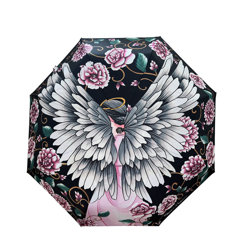 Anuschka Women’s Printed Umbrella – Foldable Umbrella with Automatic Open & Close Button - 3100 Guardian Angel Black