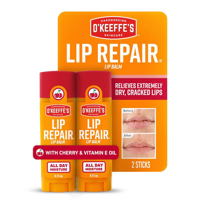 OKeeffes Lip Repair Balm Stick, Cherry & Vitamin E Oil, Twin Pack | Moisturizer for Extremely Cracked, Dry Lips, Matte Finish, Lasting Protective Barrier, Hypoallergenic 2 Pack