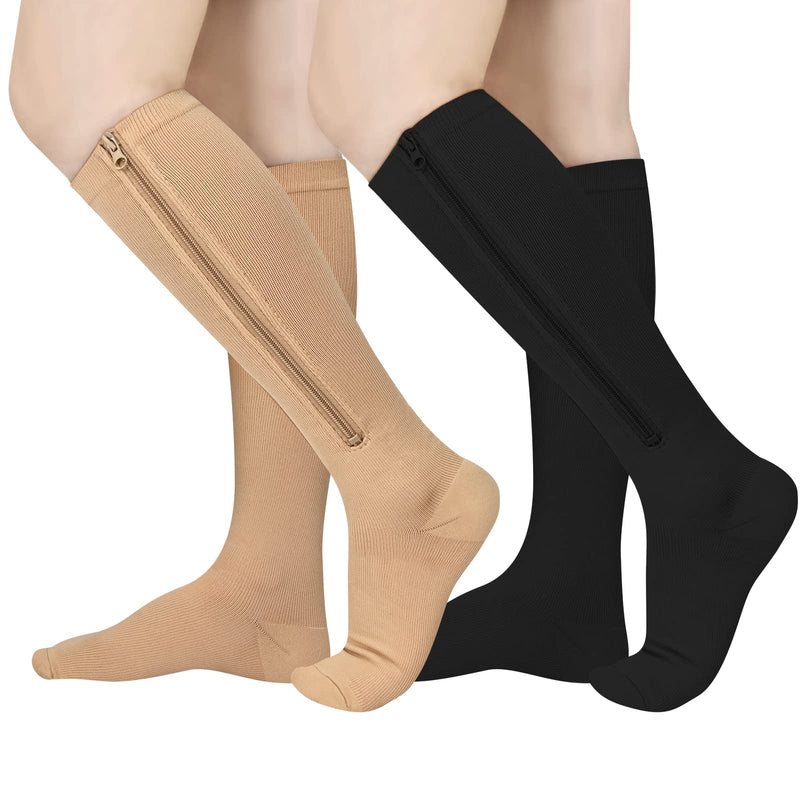 [Australia] - Athbavib 2 Pairs Zipper Compression Socks, 15-20 mmHg Closed Toe Compression Stocking with Zipper for Women and Men Large-X-Large Multicolor 