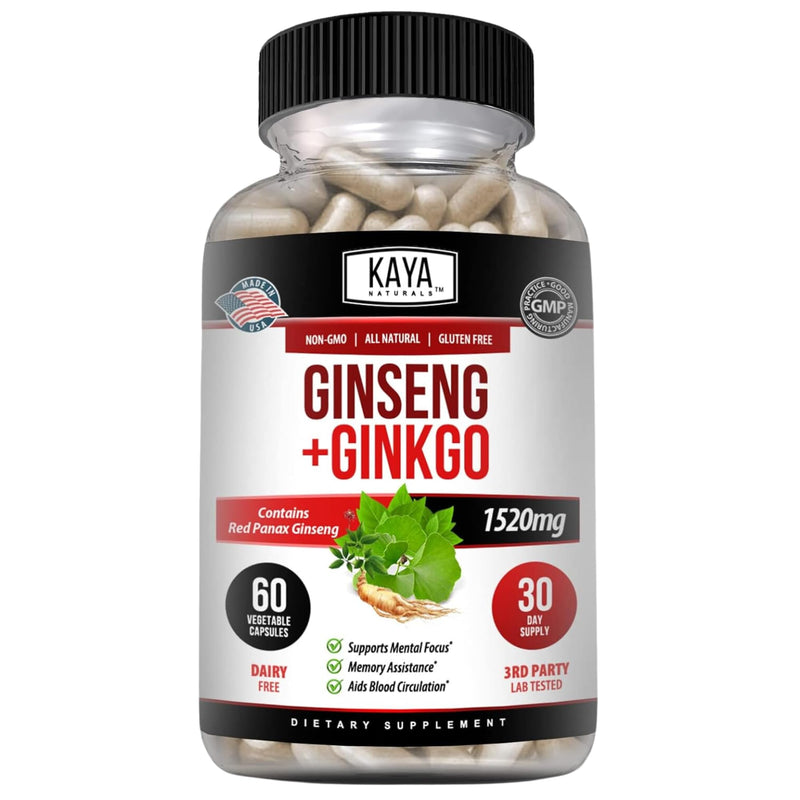[Australia] - Kaya Naturals Red Panax Ginseng + Ginkgo Biloba | Nootropic Brain Supplement | Cognitive and Concentration Support | Brain Booster, Focus, and Memory Supplement | 60 Capsules 60 Count (Pack of 1) 